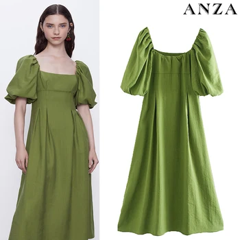 

ZA 2020 Women Summer Maxidress Slash Neck England Vintage Puff Sleeve Green Cotton Dress Femme Casual Loose Elegant Mididress