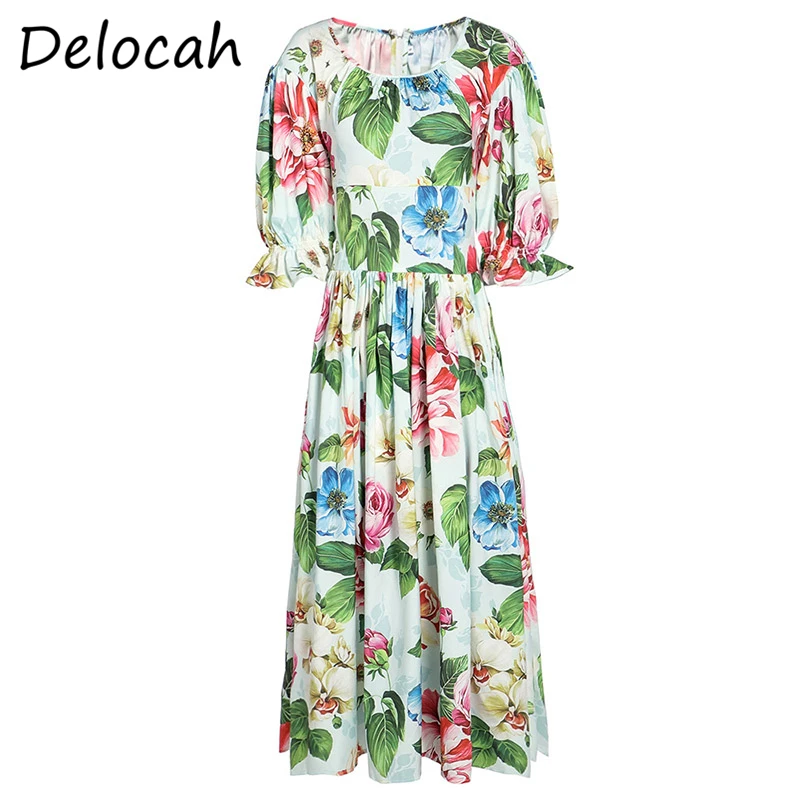 

Delocah Women Autumn Fashion RunwayÂ Party Midi Dress Ruffles Floral Print Flare Sleeve Bodycon Ladies Big Swing A-Line Dresses