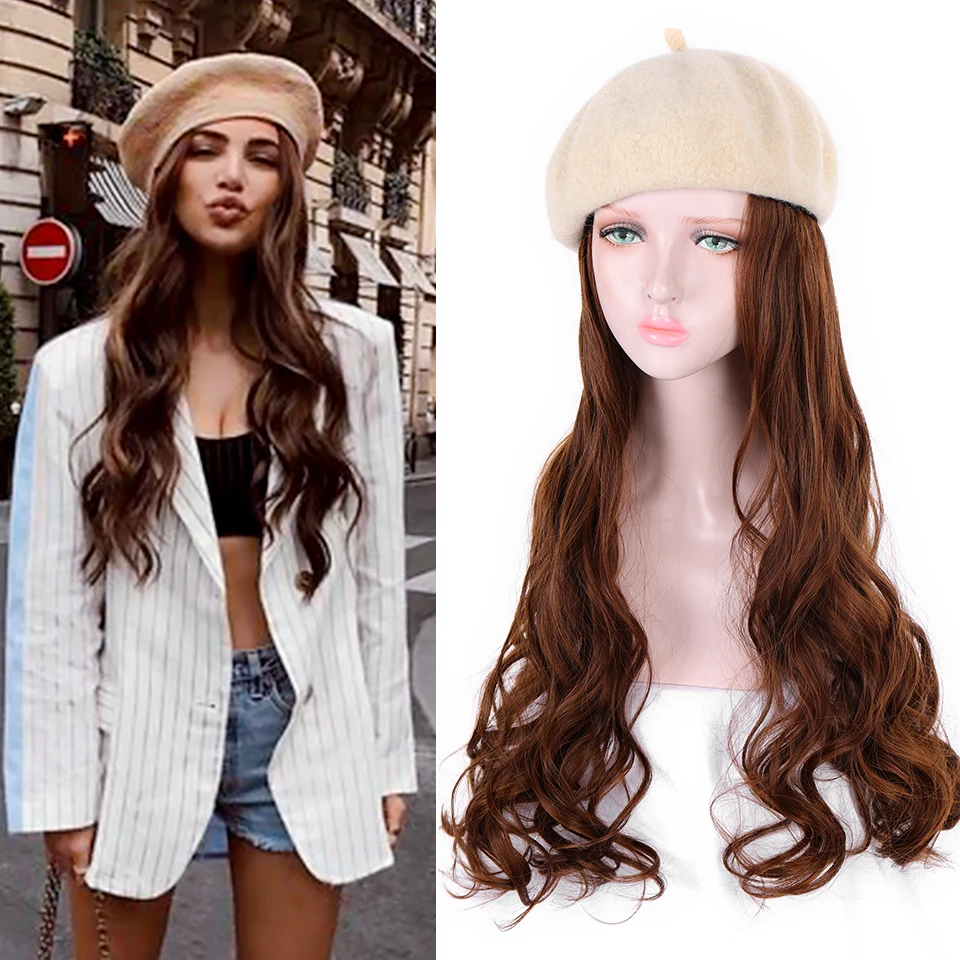 

WTB Long Synthetic Hair Beret Cap Wig Natural Black Brown Wave Wigs Naturally Connect Hat Wig Party Daily use Wigs for Girls