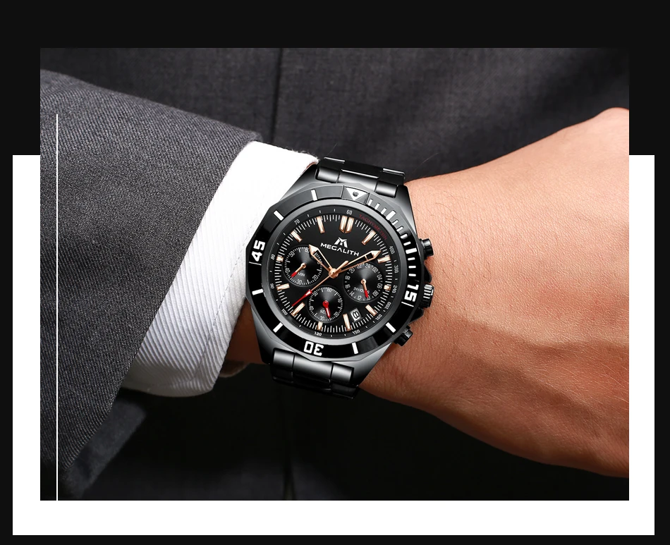 Relogio Masculino MEGALITH часы мужские спортивные водонепроницаемые военные кварцевые часы из нержавеющей стали светящиеся наручные часы с хронографом