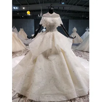 

BGW 22521ht Magnificent Wedding Dress O-neck Pearls Short Sleeves Irregular Tiered Ball Gown Wedding Dress 2020 Vestido De Noiva