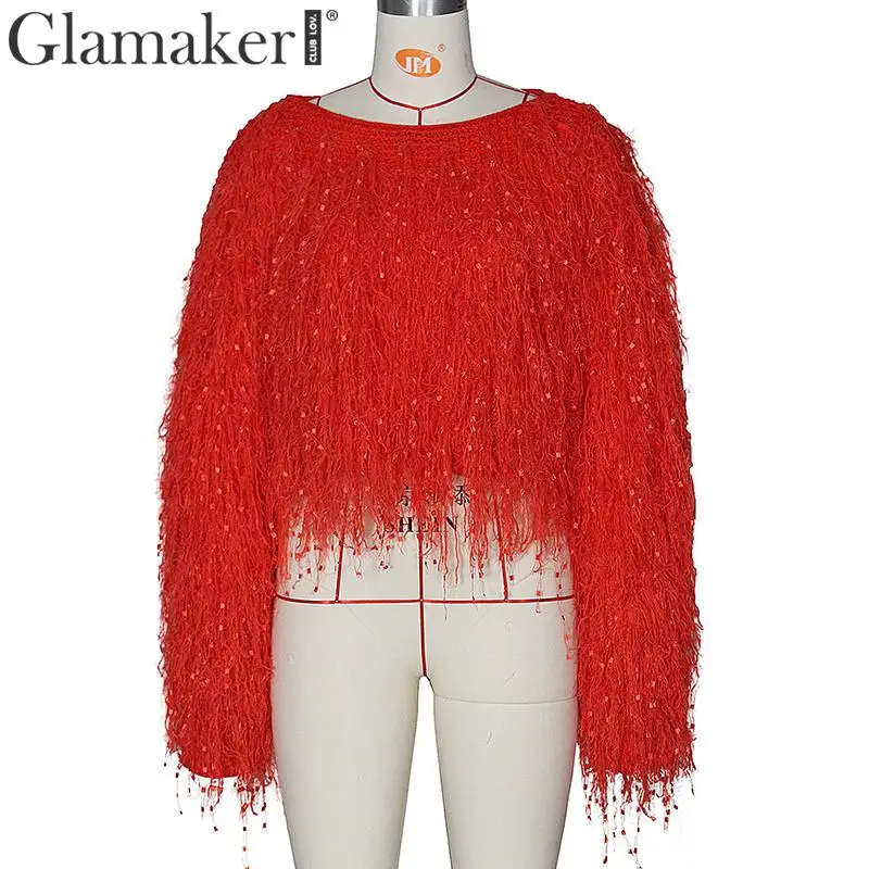 Красный Glamaker, сексуальные, с блестками, вечерние, для клуба, короткий женский свитер, осенняя мода, длинный рукав, кисточка, джемпер, свободный, розовый, теплый, вязаный, пуловер - Цвет: Красный