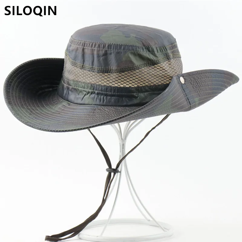 

SILOQIN Summer Men's Panama Bucket Hat Fishing Cap Breathable Mesh Camouflage Hat Washed Cotton Travel Casual Women's Beach Hat