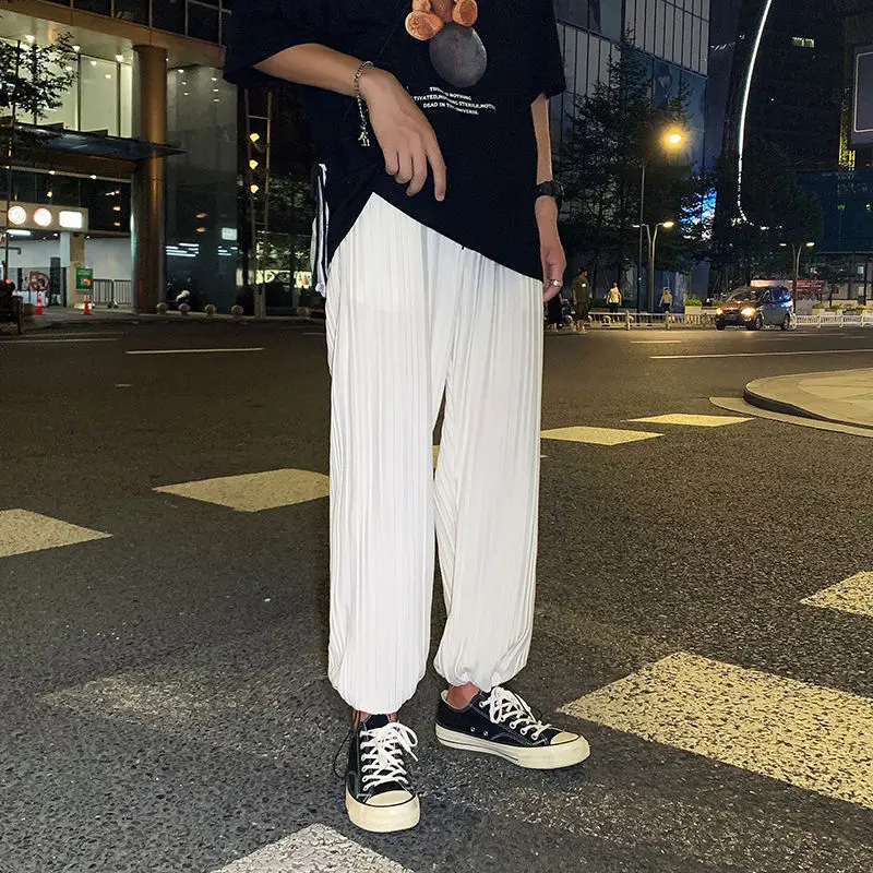 

Summer Pleated Pants Men's Fashion Solid Color Drawstring Casual Pants Men Streetwear Wild Hip-hop Loose Straight Pants Mens