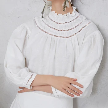 

Linen Lace Collar Hollow Out Blouse Women Casual Lace Patchwork Loose Long Sleeve Top