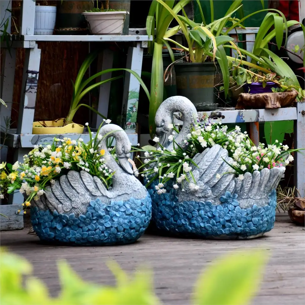 Garden Decoration Courtyard Magnesium Oxide Retro Blue Swan Sculpture Flower Pot Garden Park Landscape Outdoor Sculpture