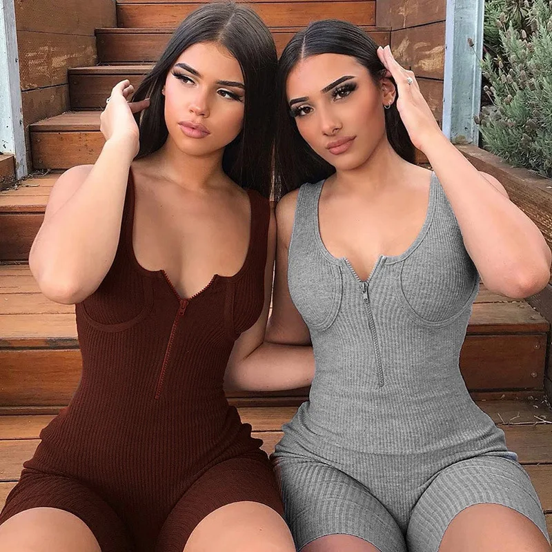 

Women Ribbed Playsuit One Piece Outfits Casual Biker Shorts Jumpsuit Sleeveless Sporty Workout Bodycon Female Overall Solid