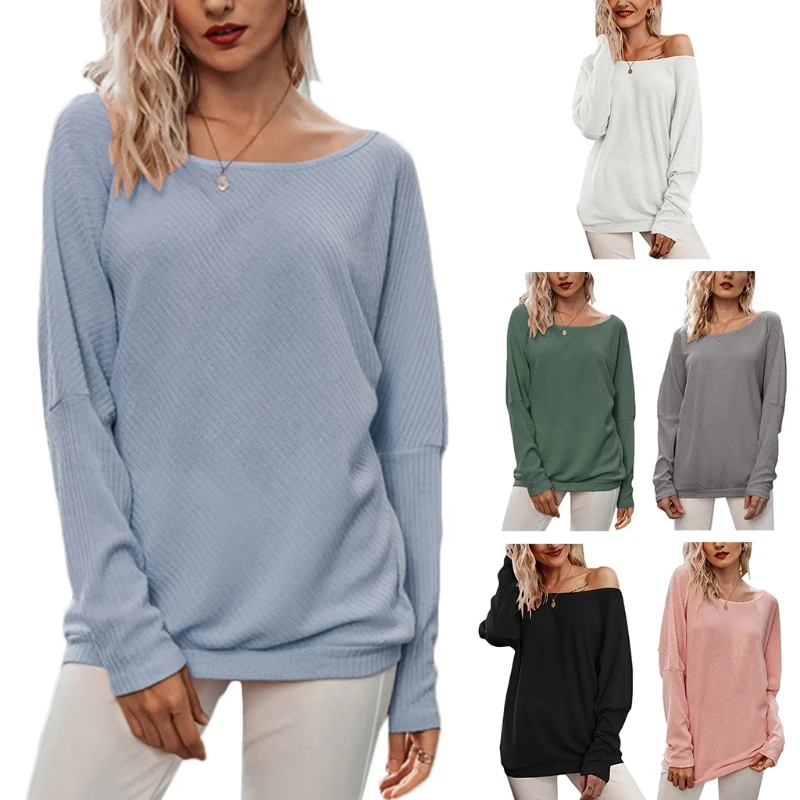 

Women Plus Size Autumn Batwing Long Sleeve Shirts Sexy Boat Neck Drop Shoulder Tunic Tops Ribbed Solid Color Loose Pullover Tee