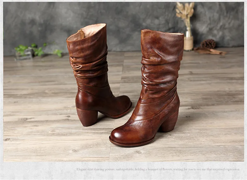 2020 Women Winter Mid-Calf Boots Genuine Leather Handmade Shoes Ladies Fashion Snow Boots Shoes Side Zipper High Heels Warm Boot (7)