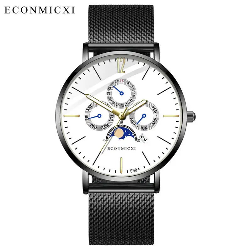 Black white gold Модные брендовые Мужские кварцевые часы, деловые часы с календарем, модные повседневные тонкие мужские часы из нержавеющей стали - Цвет: Black white gold