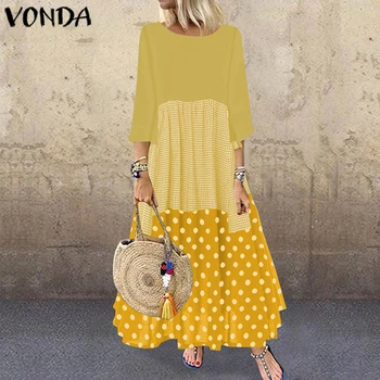 

VONDA Womens Dress Casual Loose Patchwork Autumn Sundress Plus Size Evening Party Vestidos Long Sleeve Bohemian Sexy Robe Femme
