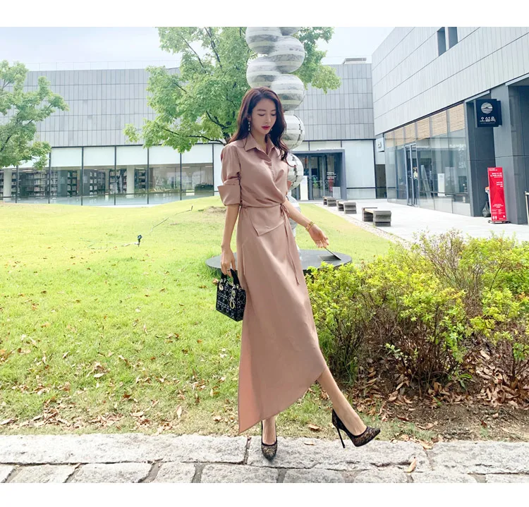 JSXDHK High Quality New Arrival Shirt Long Dress Elegant Fall Women Pink Turn Down Collar Lace Up Fashion Split Office OL Dress