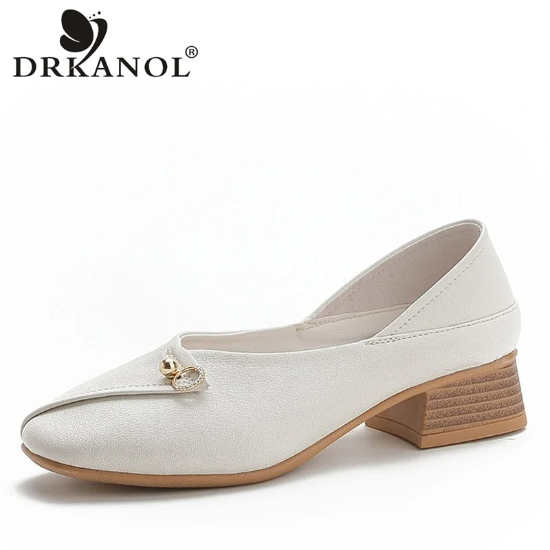 

DRKNAOL Spring Autumn Square Toe Thick Heel Shoes Women Pumps Shallow Chunky Heel Rhinestone Women Slip On Office Casual Shoes