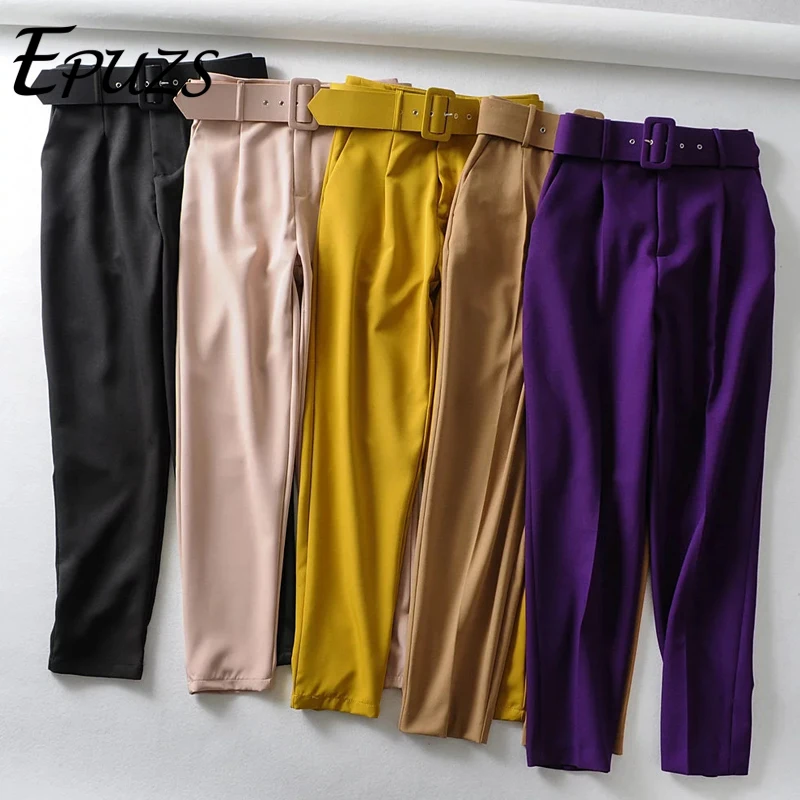 

elegant black high waist pants women sashes pockets zipper office pants streetwear winter long trousers women