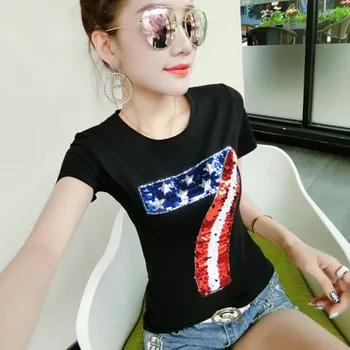 

Hot Sale New 2020 Summer Women's Fashion Slim Sequins letters Short Sleeve Floral Printing T Shirt Tops Female Shirts