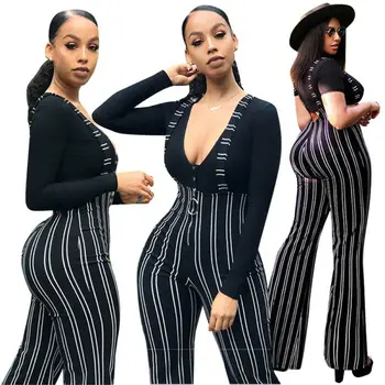 

Brand New Women Clothes Rompers Overalls Striped Pants High Waist Zipper Flare Trousers Lady Black Striped Overall Pant Bottom