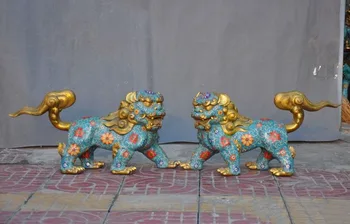 

christmas China bronze Cloisonne Gilt Evil Door Guardian Fu Foo Dog Lion Beast statue Pair New Year