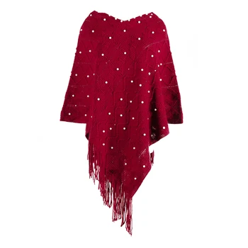 

Ladies Autumn Winter V-Neck Irregular Tassel Bead Sweater Shawl Cloak