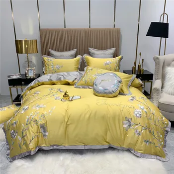 

4,6 Pieces Cotton Bedsheet Queen Size Yellow Grey Embroidered Duvet Cover 220 240cm Bedclothes French Pillow 60x60cm Full King