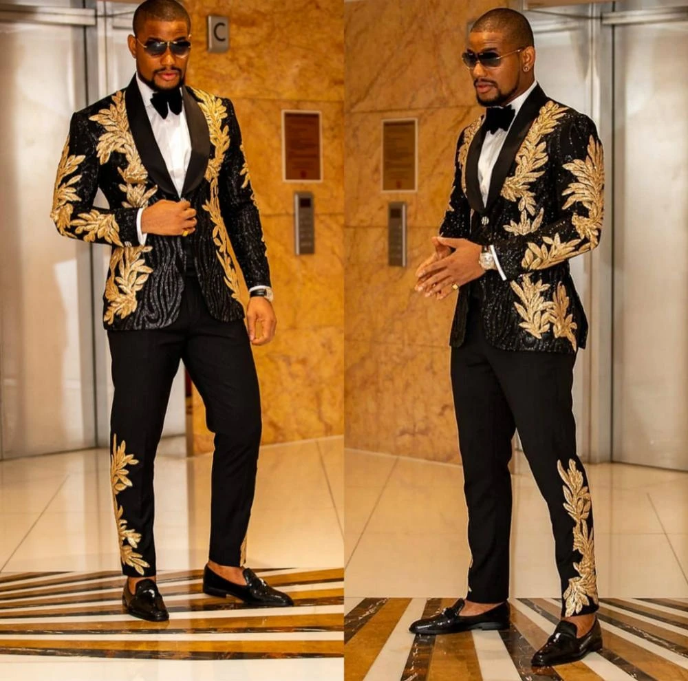 Black Men Suits With Embroidery Beaded 