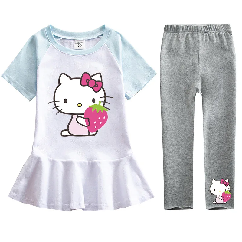 Hello Kitty Girl Hit Color falda de hoja de loto de manga corta pantalones casuales sólidos conjunto de dos piezas bebé nueva moda traje culotte de algodón