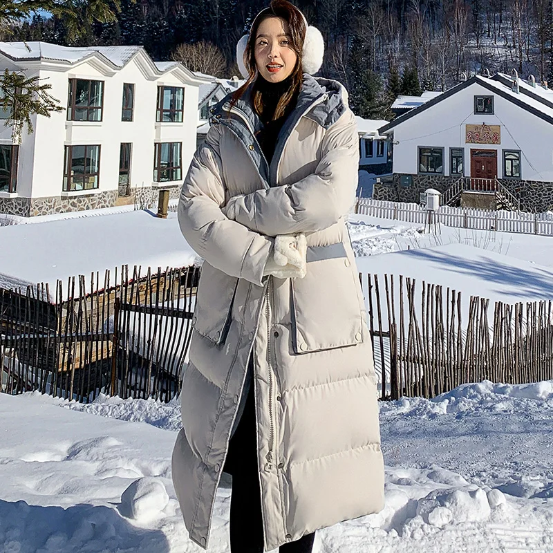 

Korean Long Down Padded Jacket Women New Winter Jacket Outerwear Female Loose Thick Warm Large Pockets Hooded Parka Overcoat