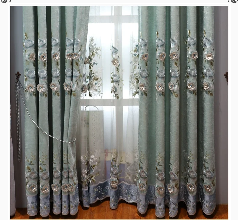 lace curtains High-end 3D Floral with Beads Embossed Embroidered Curtains For Living Room Luxury Blackout Chenille Fabrics For Bedroom #4 net curtains