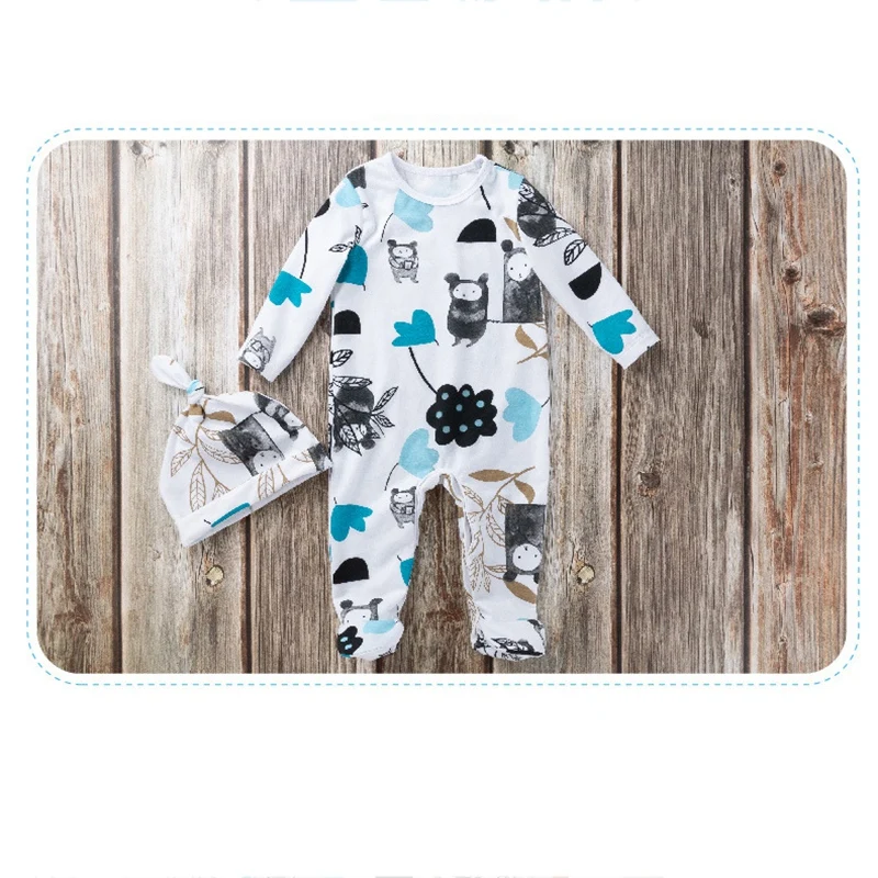 Baby Cotton Clothing Long Sleeve Cartoon Print Baby Clothes Romper Baby Jumpsuit Hat Set