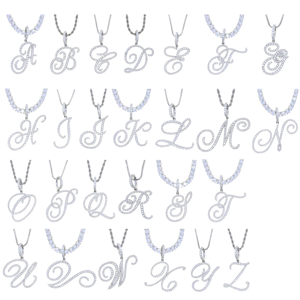 2025 New A-Z Cursive Letters Name Pendant Necklace Iced Out