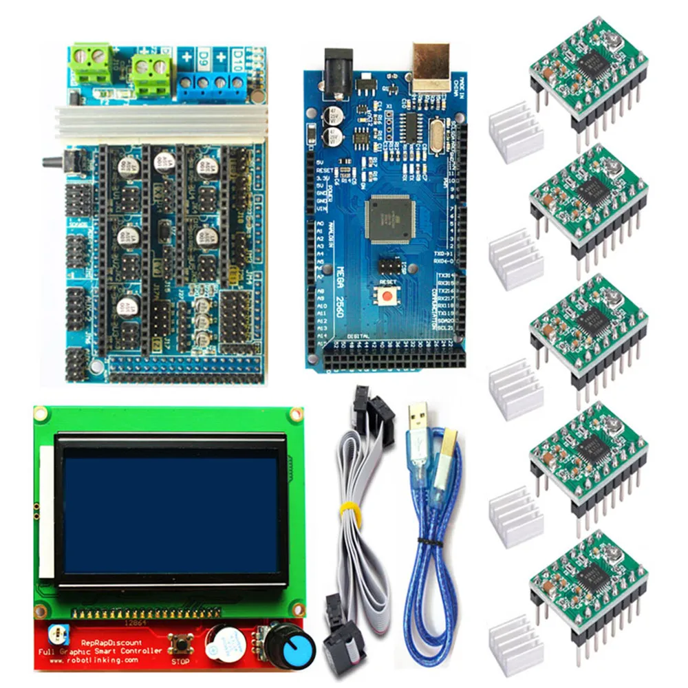Green A4988 kit Ramps 1,6 комплект обновления базы на Ramps 1,4 1,5 с Mega2560 плата Reprap управления+ 12864LCD+ A4988/Drv8825 драйвер 3d Принтер Комплект - Цвет: Green A4988 kit