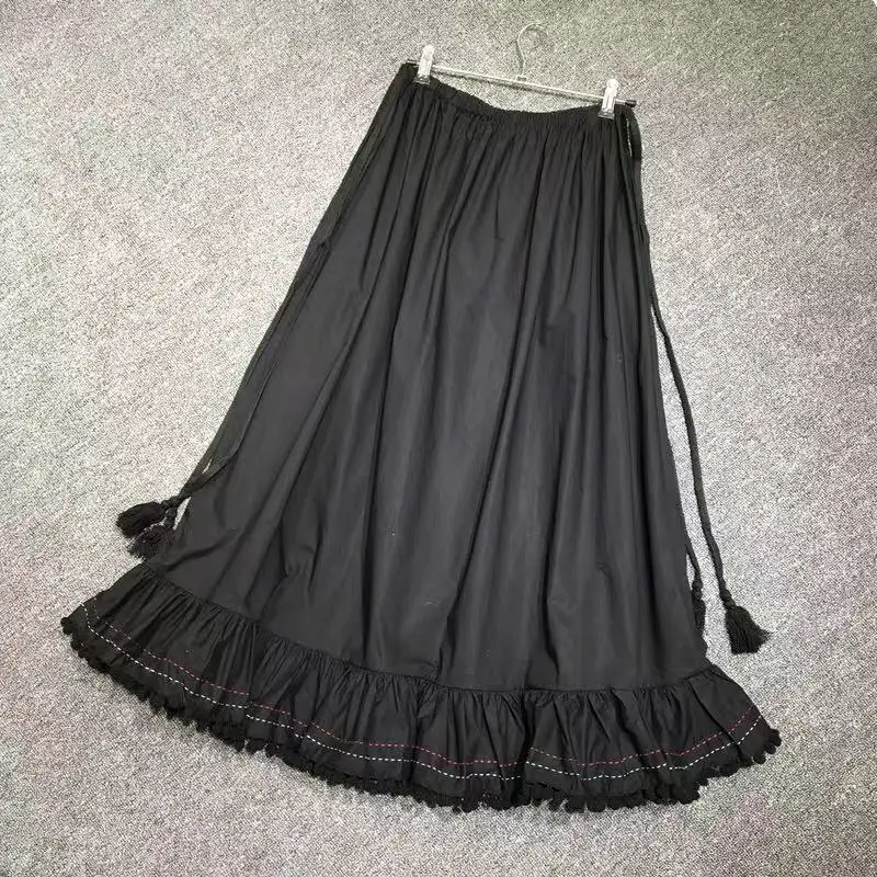 

Women Elastic Waist Long Skirt Leisure Tassel Black 2019 New Ladies Skirts Cotton