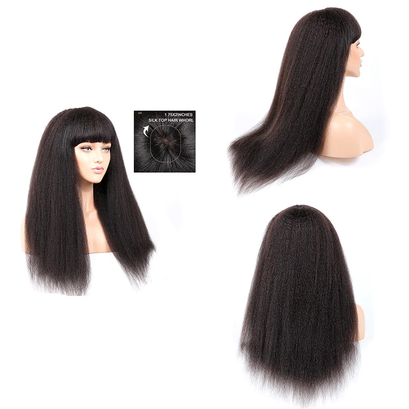 Lowered Wigs Bangs Silk-Base Human-Hair Pre-Plucked Kinky Straight 250-Density Brazilian  16WN8LqN