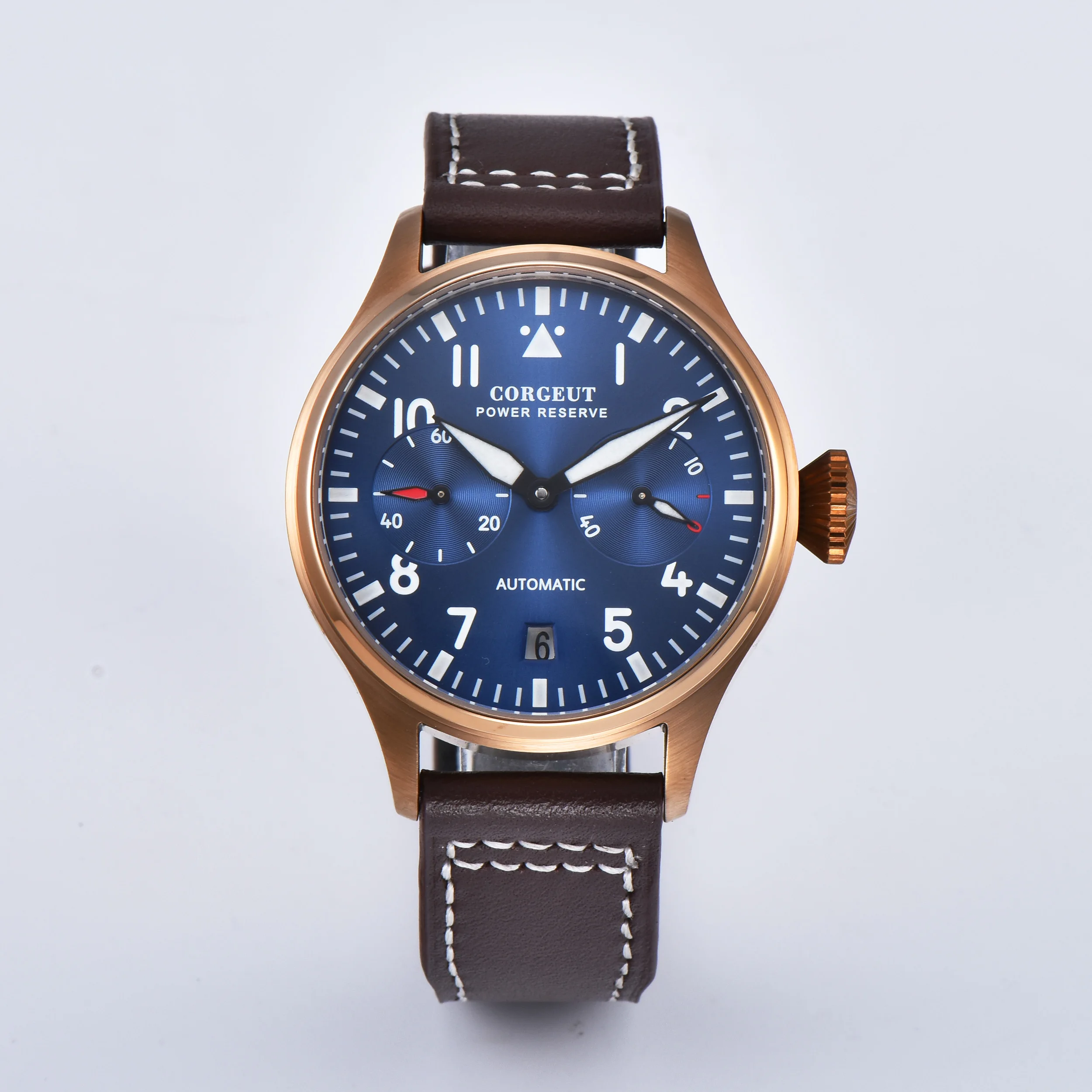 Роскошный бренд Corgeut42MM Автоматические Мужские механические наручные часы Ночная Дата синий циферблат кофе чехол 316L SS настоящий ремень мужские часы