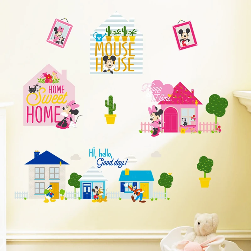 Cartoon Disney Mickey Minnie Mouse Sweet Home Wall Stickers For Kids Room Home Decor Bedroom Wall PVC DIY Mural Art Wallpaper