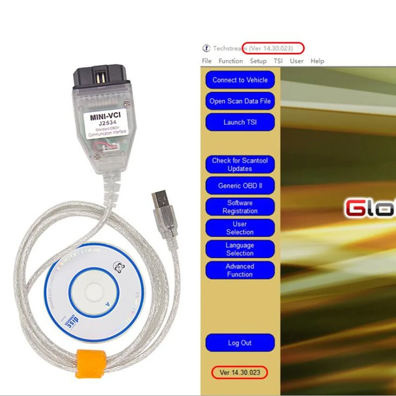 Кабель USB/OBD2 16-контактный MINI VCI для диагностического измерительного кабеля TOYOTA TIS
