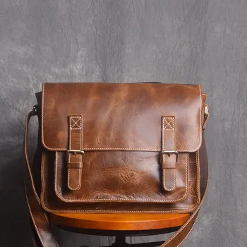 

Vintage Men's Shoulder Bag Genuine Leather Original Casual Crossbody Messenger Bag Crazy Horse Cowhide For 12 Inch Ipad NUPUGOO