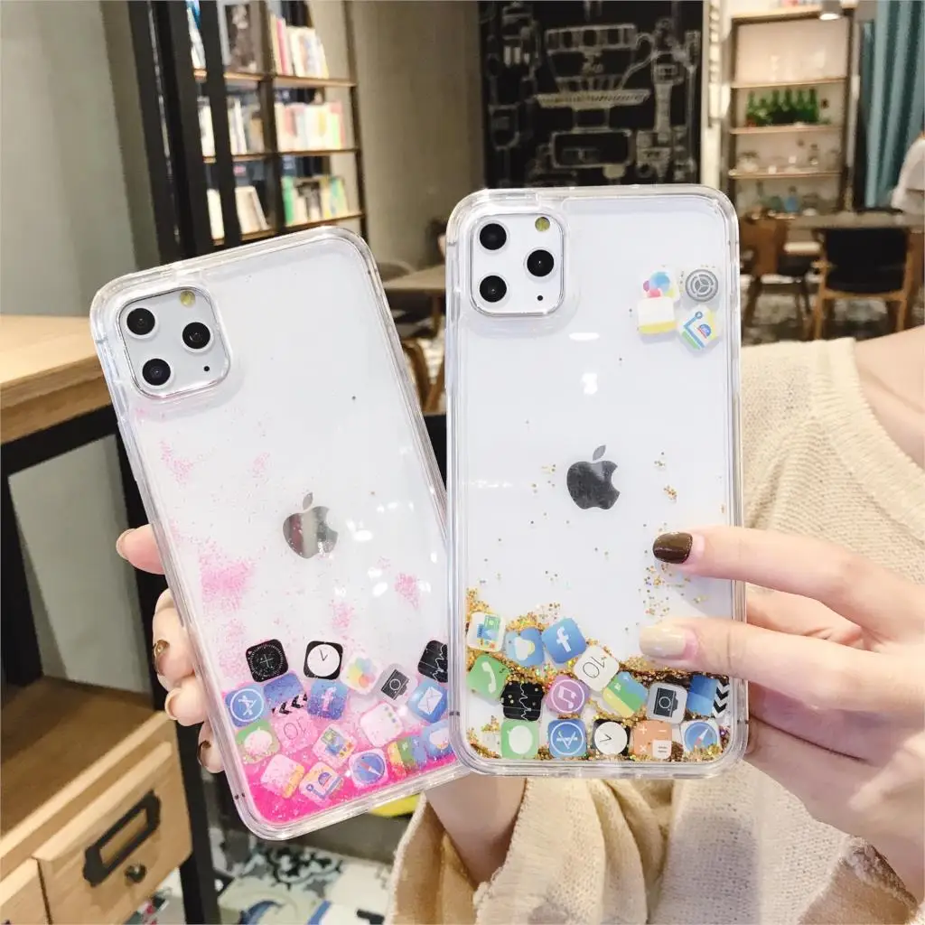Противоударный чехол с динамическим зыбучим песком для iPhone 11 Pro X XR XS MAX, значок приложения, блестящий силиконовый Жесткий Чехол для iPhone 7 8 6s Plus, чехол