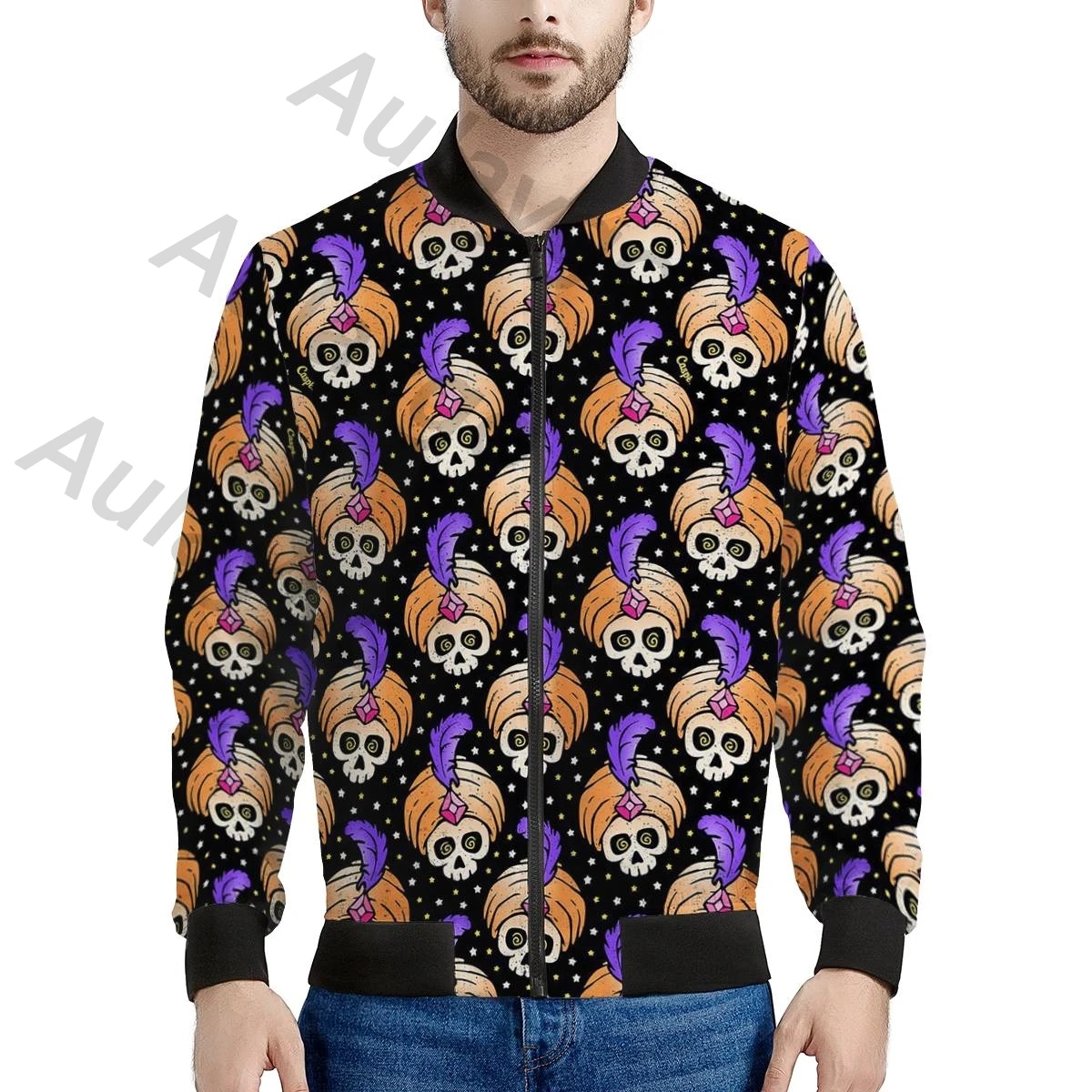 

Aulaygo Colorful Halloween Skull Pattern Jacket For Men Coats Stand Collar Zipper Male Outerwear Men Jacket Black Men's Clothing