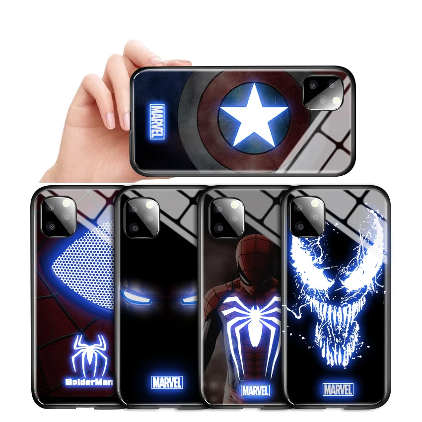 

For iPhone XS Max XR 11 Pro Cases LED Flashing Marvel Avengers Ironman Casing Tempered Glass Cover Case For iPhone 6 6S Plus 7 8