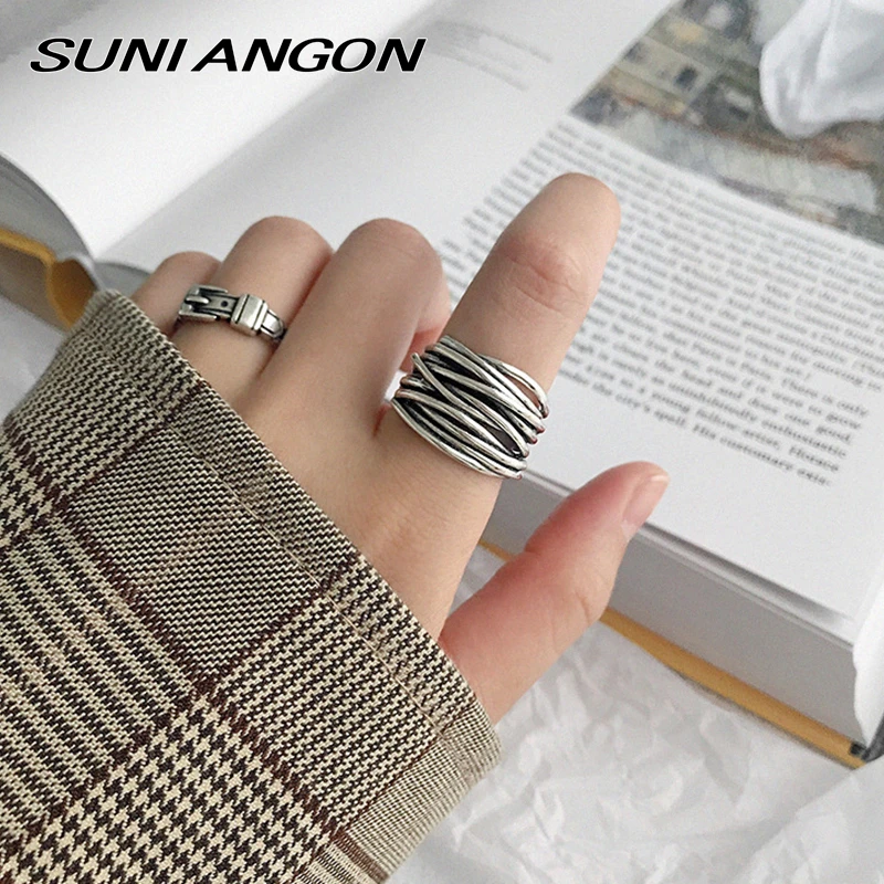 Тайское Серебро 925 Серебряное кольцо женское Многослойное Плетение женское кольцо большие, геометрической формы увеличенное грубое регулируемое винтажное женское кольцо