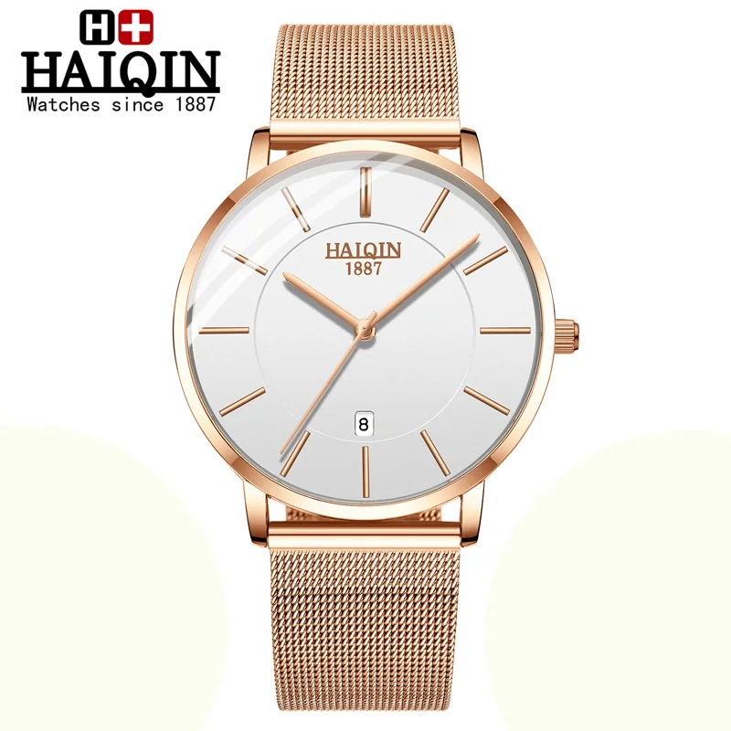 Gold white-A HAIQIN модные бизнес Топ брендовые Роскошные мужские часы с сетчатым РЕМЕШКОМ НАРУЧНЫЕ ЧАСЫ Мужские кварцевые часы Reloj hombres Новинка - Цвет: Gold white-A