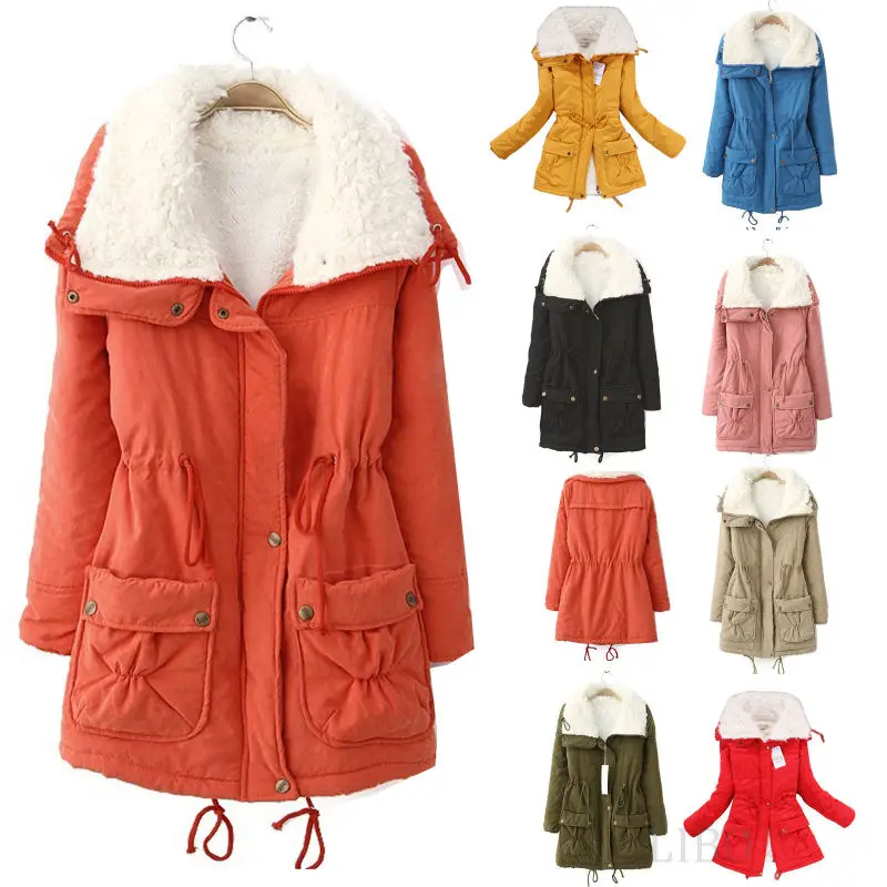 

New Women Winter Thick Fleece Coat Drawstring Lapel Hoodie Slim Jacket Trench
