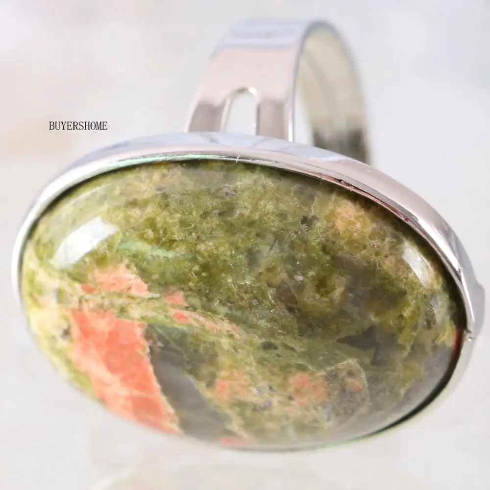 

1Pcs Ring Silver Color Jewelry For Women Gift Natural Stone Oval Bead Multi Color Unakite Epidote Adjustable Finger Ring Z117