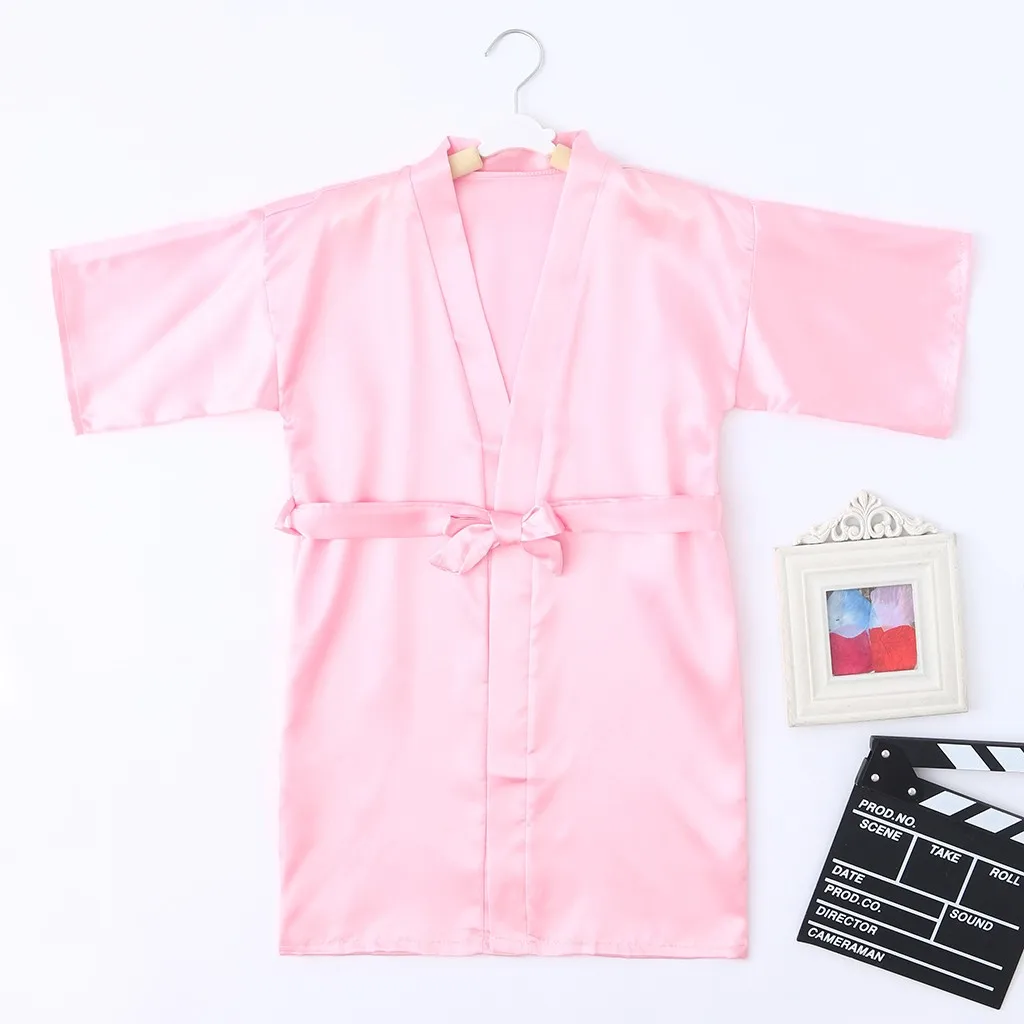 Toddler Baby Kids Girls Solid Silk Satin Kimono Robes Bathrobe Sleepwear Clothes 1PC Bathrobe+1PC Ribbons G1021