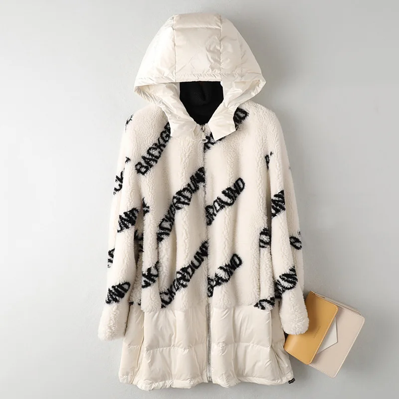 

Fashion Parka Coat Women Winter Down Jacket Stitching Wool Sheep Shearing Coat Female 2019 Down Parka Coat Warm Hooded Outwear