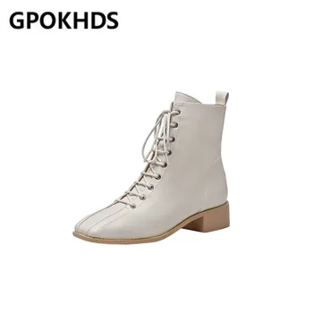 

GPOKHDS 2021 women ankle boots Cow leather zipper winter short plush square toe high heels female boots size 39