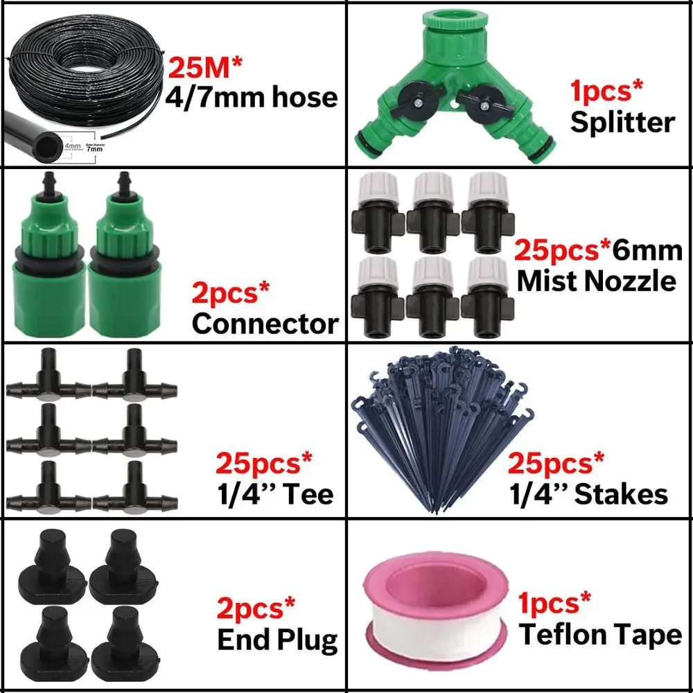 KSL01-KIT069-25M 5 м/50 м, садовый капельный полив, набор для орошения, система для теплицы с 4/7 мм шлангом, 4-полосный разветвитель, разбрызгиватель, тройник - Цвет: KSL01-KIT069-25M
