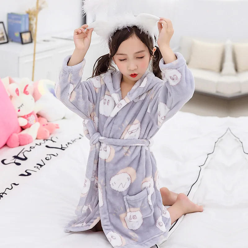 Ночной халат для детей, фланелевые халаты для маленьких мальчиков и девочек, детские пижамы с полотенцем, детская теплая одежда для сна - Цвет: Cloud Grey