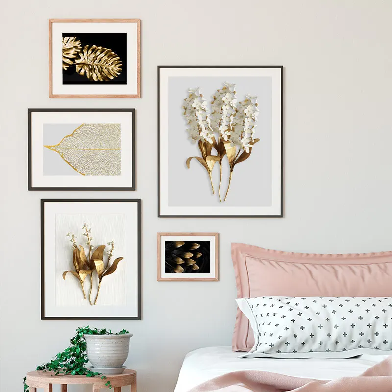 BANMU Golden Leaves Wall Poster Nordic Style Golden-Yellow Plants Artwork Home Decor Wall Art Canvas Painting Bedroom Decor