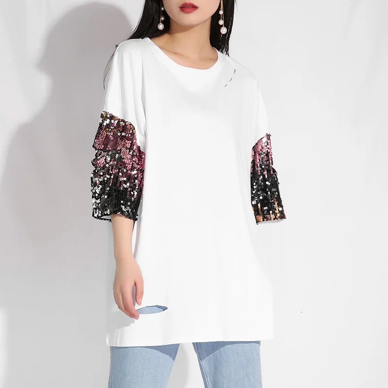 LANMREM 2020 Summer Round Neck Sequins Patchwork Half Sleeve Holes T-shirt For Women Loose Large Size New Fashion Clothing T321 |